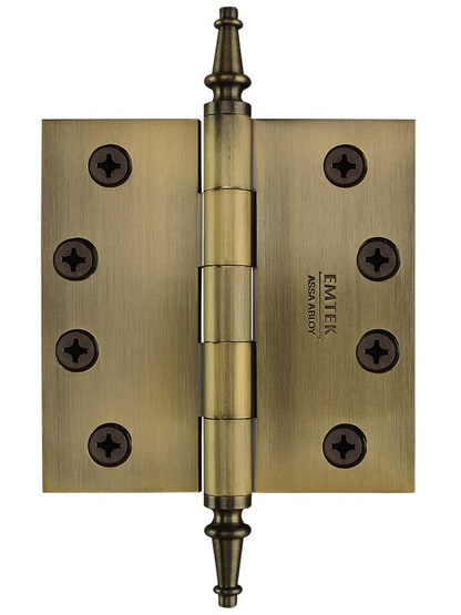 4 inch Solid-Brass Butt Door Hinge with Steeple Tips in Antique Brass.